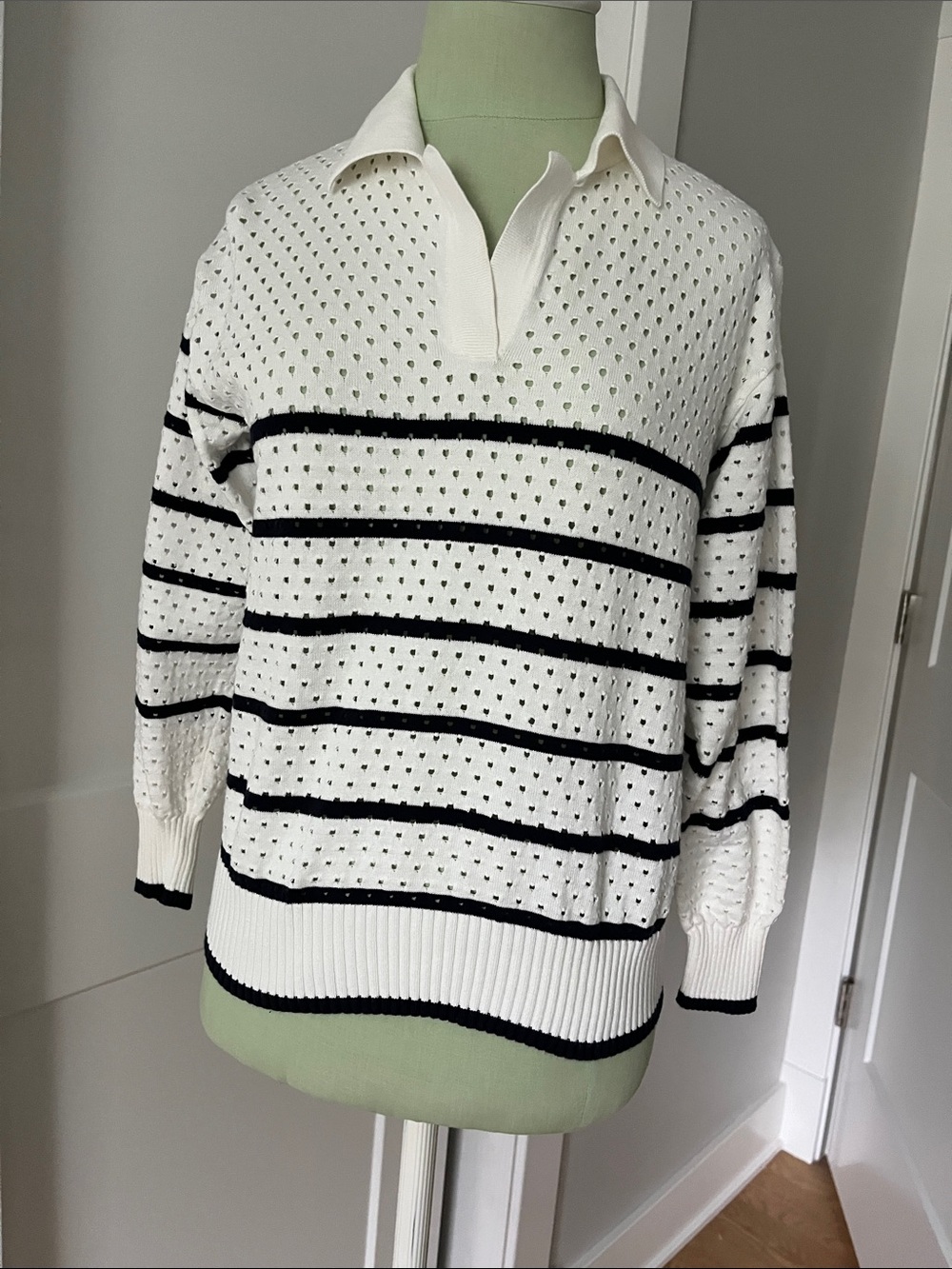 Open-Knit Cream Polo Sweater with Black Stripes